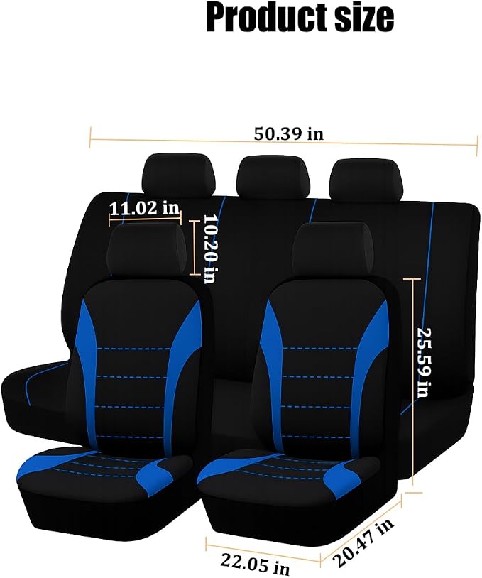 Car Seat Cover Full Set, Fashion Soft Sponge Vehicle Front and Rear Split Bench with Removable Headrest Cover, Breathable Auto Seat Protector, Universal for Truck SUV Sedan (Blue/Black)