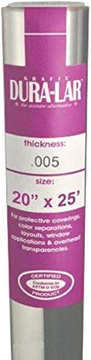 Grafix Dura-Lar 0.005" Film, Ultra Clear, Glossy 20" x25', Material, Mylar/Acetate Alternative for, Blank Stencils and Templates, Protection, Transparencies, Windows, Arts and Craft, Roll