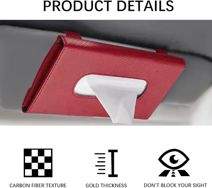 Car Tissue Holder, Car Tissue Box, Rectangular Sun Visor Napkin Holder with Tissue Refill, PU Leather Napkin Case Auto Interior Accessories Universal for Visor and Backseat (Red)