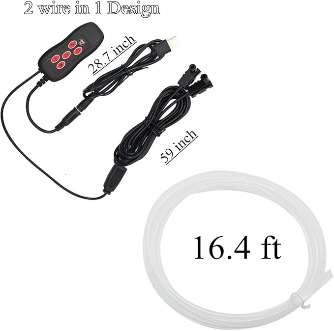 Interior Car Ambient Lighting Neon Kit for Center Console Dashboard Gap | 1 To 2, with 16.4ft Ultrathin Fiber Optic, High Bright, Multicolor, USB interface, Music Sync, Multiple Modes, Universal