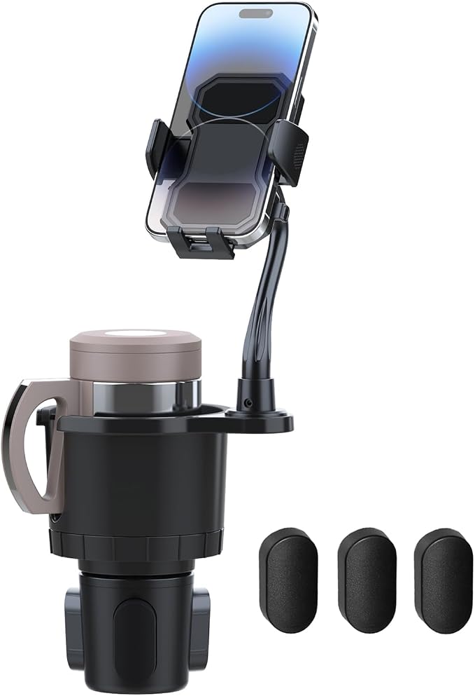 Belinous Car Cup Holder Expander with Phone Holder | 2 in 1 Car Phone Mount & Cup Holder, Adjustable 360° Rotation Gooseneck, U-shaped Handle Slot, Fits Phone and Drinking Bottle