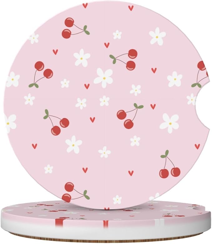 Pink Cherry Car Coasters for Cup Holders,2 Pack Car Cup Holder Coasters for Car,Ceramic Absorbent Car Coaster with A Finger Notch and Cork Base,Car Interior Accessories for Women Men