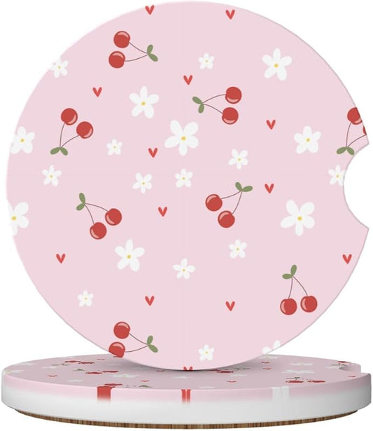 Pink Cherry Car Coasters for Cup Holders,2 Pack Car Cup Holder Coasters for Car,Ceramic Absorbent Car Coaster with A Finger Notch and Cork Base,Car Interior Accessories for Women Men