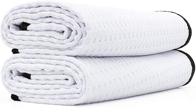 The Rag Company Dry Me A River, Professional Korean 70/30 Blend Microfiber Waffle-Weave Drying & Detailing Towels, Soft Suede Edges, 390 GSM, 20x40 Inches, White, 2-Pack