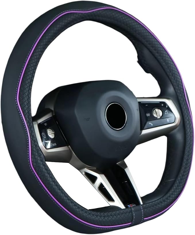 Mayco Bell Flat Bottom Steering Wheel Cover Anti-Slip,Safety,Soft,Breathable,Durable,Full Surround,Comfortable Grip Microfiber Leather (D Shape, Black Purple)