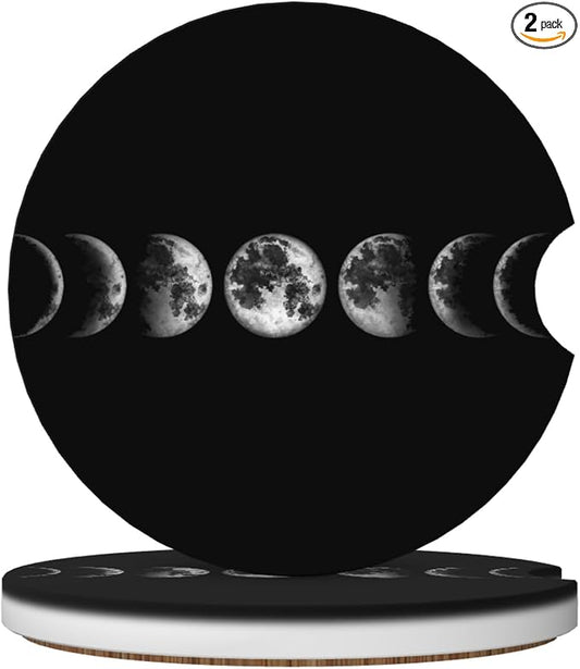 Moon Art Car Cup Holder Coasters 2 Pack 2.63" for Women | Universal Anti Slip Ceramic Absorbent Coaster with Cork Base and Finger Notch Cute Car Accessories Interior