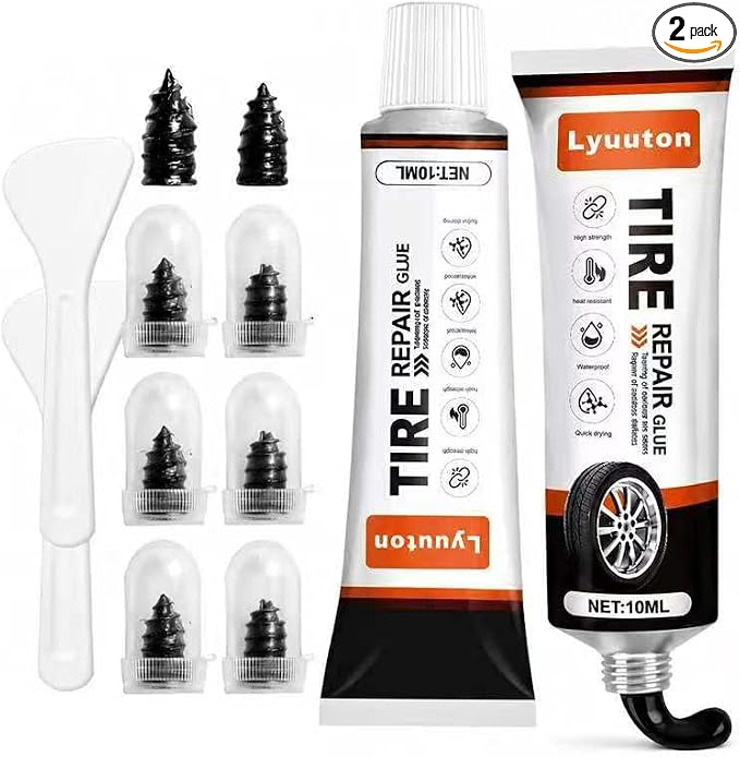 Tire Repair Kit with Tire Glue & Rubber Cement - Heavy Duty Tire Repair Glue for Car, Truck, Motorcycle - Fix a Flat Tire Sealant & Puncture Plug Kit - Durable Tire adhesive Sidewall Repair 2pcs