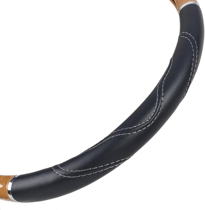 BDK Motor Trend Ergonomic Heavy Duty Large Steering Wheel Cover for Trucks Big Rigs Bus 18" Inch Large Steering Wheel, Light Wood with Black Leather Grip, Improve Grip Anti-Fatigue for Long Drives