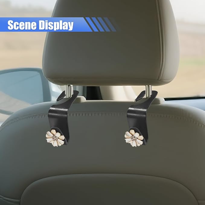 Craedli 2PCS Bling Car Seat Headrest Hook, Cute Rhinestone Flower Seat Back Storage Organizer Hanger Car Purse and Bag Hooks Holder, Universal Interior Accessories for Handbag Grocery Bag Coat (White)