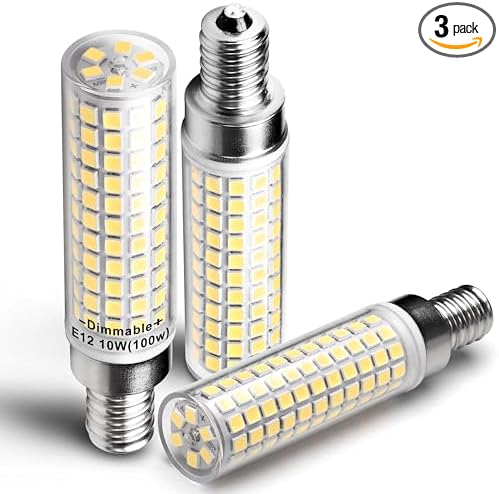 E12 100W Dimmable C7 T6 LED Corn Light Bulbs 4000K 1000lm 10W, 3 Pack | Candelabra Base, AC120V, Natural White, No-flicker for Home Decorative Chandelier Pendant Ceiling Fan Lighting Salt Lamp