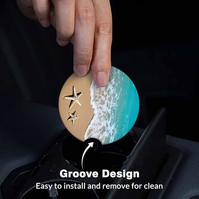 Summer Beach 2 Pack Car Cup Holder Coaster Sea Wave Starfish on Sand Anti Slip Insert Absorbent Ceramic Car Coaster with Cork Base and Finger Notch Cute Car Accessories Interior for Women Men