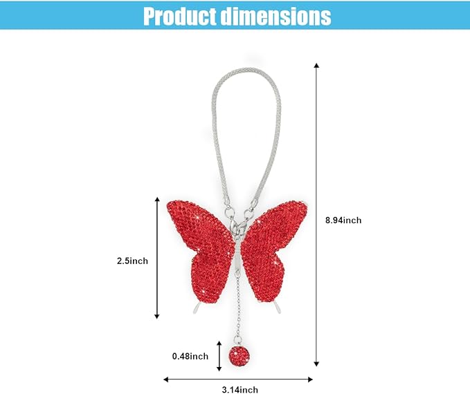 JOYCOURT Bling Butterfly Diamond Car Hanging Accessories for Women, Red | Crystal Butterfly Rear View Mirror Luck Car Decoration Accessories, Valentine's Day Presents Ornament Pendant for All Cars