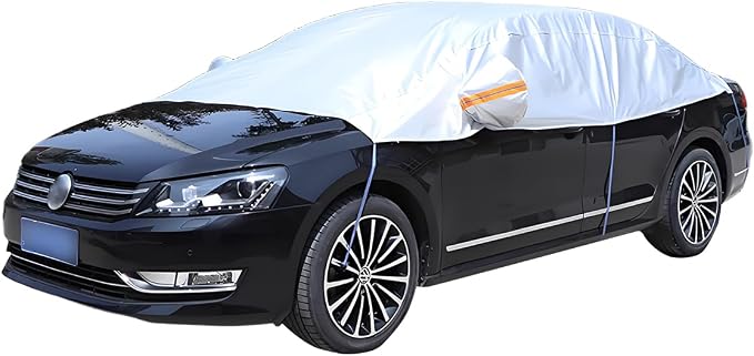 Half Car Cover for Sedan, Waterproof & Dustproof & Snowproof Automotive Windshield Covers, All-Weather Auto Sun Protection with Reflective Straps, 141.7" Vehicle Sunroof Cover (Notchback)