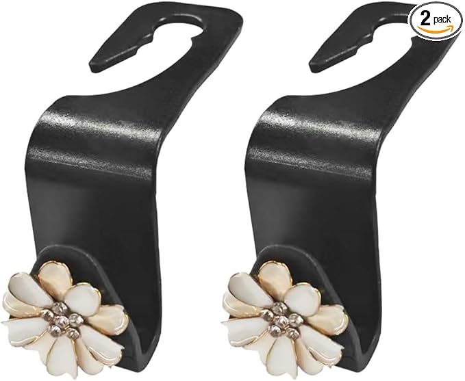 Craedli 2PCS Bling Car Seat Headrest Hook, Cute Rhinestone Flower Seat Back Storage Organizer Hanger Car Purse and Bag Hooks Holder, Universal Interior Accessories for Handbag Grocery Bag Coat (White)