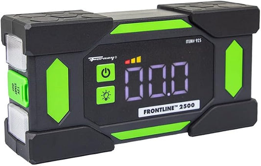 Forney Frontline 2500 Lithium Jump Starter Power Bank | 2500 peak amps 12V battery booster for gas and diesel engines. Features 60W USB C power delivery and a built in flashlight.