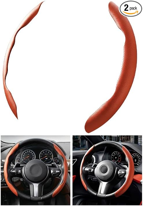 2PCS Car Steering Wheel Cover, 14.5-15" Breathable Nappa Leather Segmented Steering Wheel Protector with Non-Slip Grip, Stylish Auto Interior Decor Accessories, Universal for Vehicles (Orange)