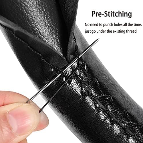 SEG Direct Genuine Leather Steering Wheel Cover, Stitch On Wrap, 15 Inch Steering Wheel Wrap for Car Truck SUV Pickup Boat, DIY Sewing with Needle Thread, Black