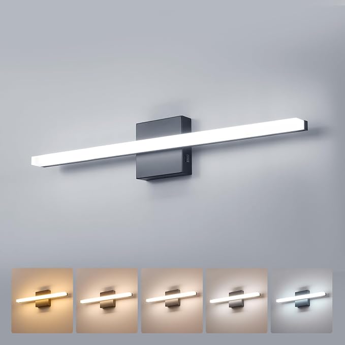 Combuh 24Inch Long Vanity Light for Bathroom 5 Color Adjustable Modern, Bright 14W 1250LM Black Bath Bar Lighting Fixtures Over Mirror IP44 Rustproof Minimalist Led Wall Sconce for Powder Room