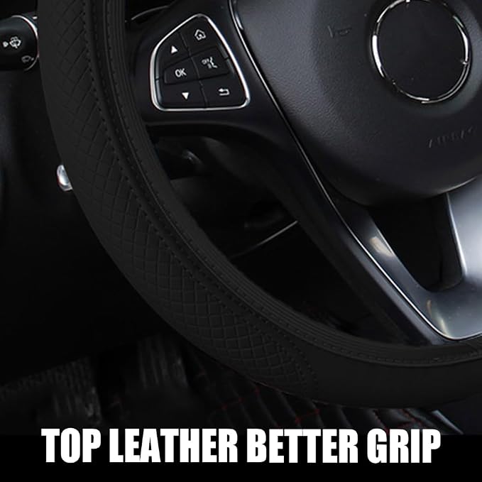 Car Steering Wheel Cover, Universal 14.5-15 Inch Beige Leather Steering Wheel Wrap with Better Sport Grip for Men Women, Anti-Slip Breathable Car Interior Accessories for Most Vehicles (Black2)