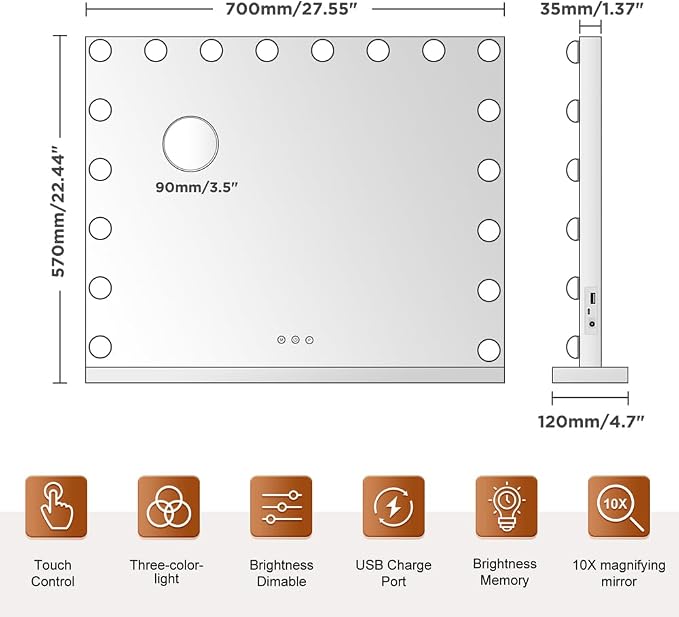 M MIVONDA Hollywood Vanity Mirror with 18 Bulbs Lights, Large Lighted Makeup Mirror for Desk and Wall, Dimmable 3 Lighting Modes, Plug-in & USB Charger Port, White