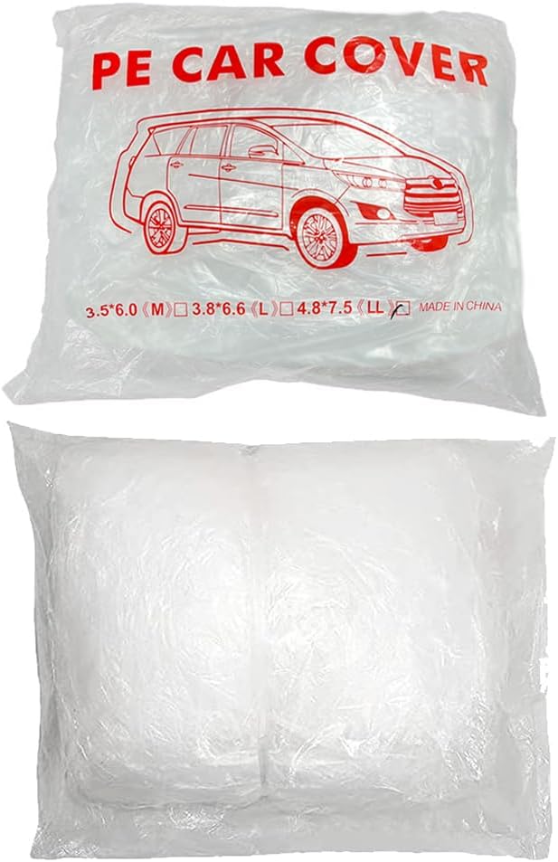 4 Packs Disposable Car Cover Clear Plastic Car Cover Universal Rain Dust Garage Cover with Elastic Band Medium (15.7FT x 24.6FT)