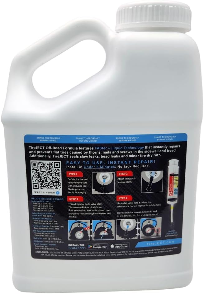 TireJect Off-Road Tire Sealant Refill (Gallon/128oz Bottle) - Applicate 12 ATV Tires, Use 75% less sealant per tire