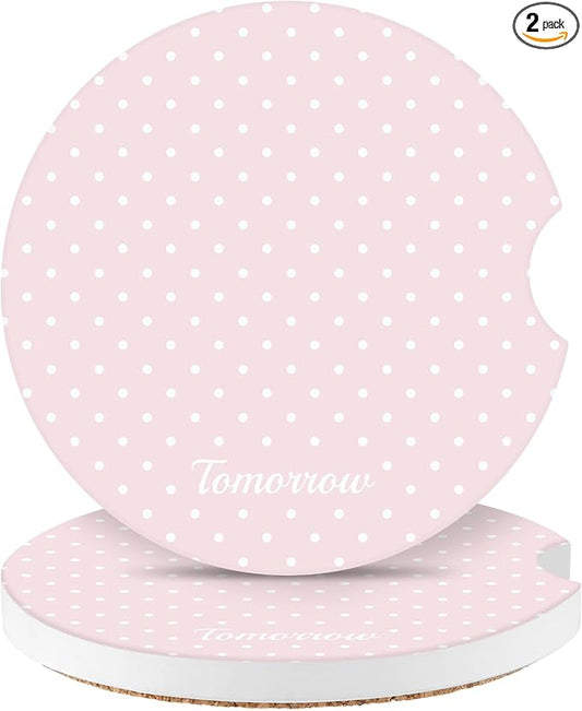 Cute Fashion Polka Dot Car Coasters 2 Pack for Cup Holders, 2.56 Inch Finger Notch Retro 70's Style Ceramics Heat Resistant Anti Slip Cork Base Car Drinks Coasters Auto Accessories-Pink
