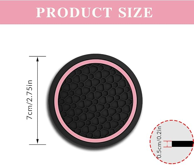 Car Cup Holder Coasters, Dustproof Automotive Interior Accessories Mat,2.75 Inch Non-Slip Insert Water Bottle Holder Pads, Universal for Vehicles, Trucks, RVs and More (Black/Pink, 4PCS)