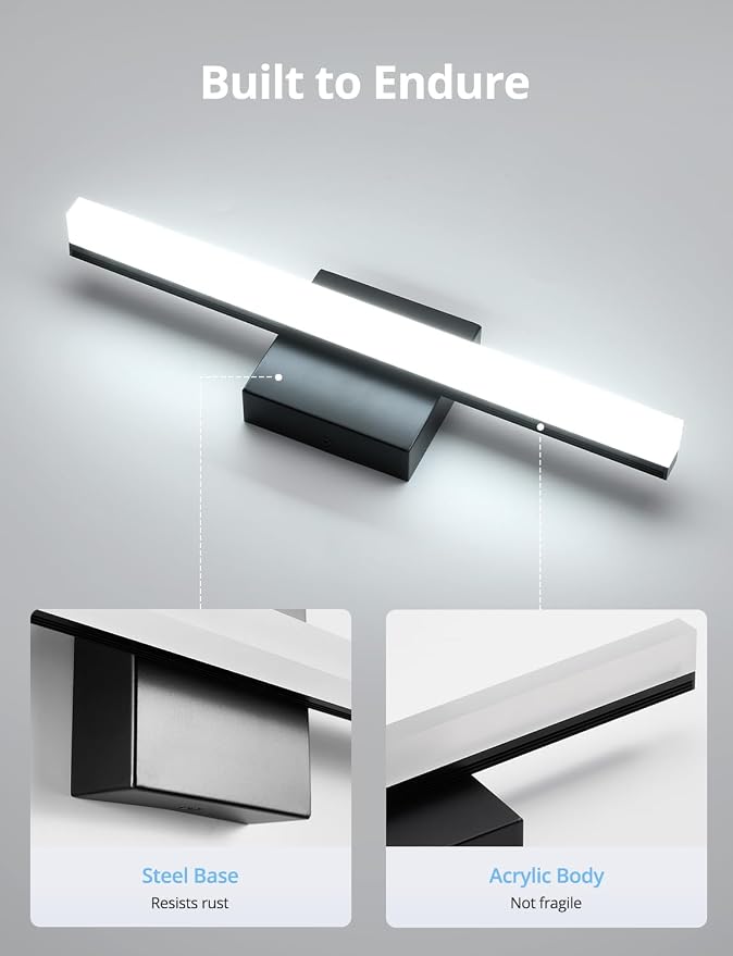 Combuh Black Bathroom Light Fixtures Over Mirror Lighting Gentle, 9W 16 Inch Modern LED Small Vanity Lamp Bar IP44 Slim Linear Bath Wall Sconces for Restroom Indoor Cool White 6000K