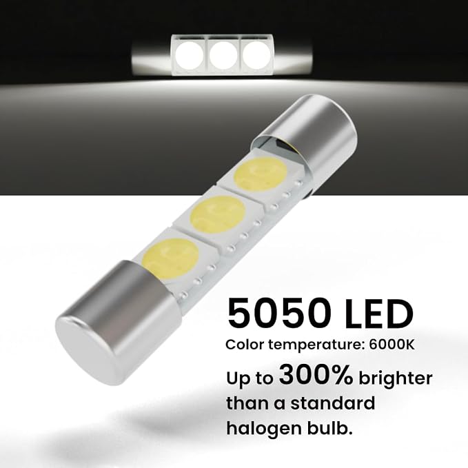 28mm Sun Visor Vanity Mirror Lights 6614F 29mm LED Car Bulb 6000k White Lights 6612F 6641 Fuse Type Bulbs, DC 12V 3SMD 5050 Chips, Pack of 6