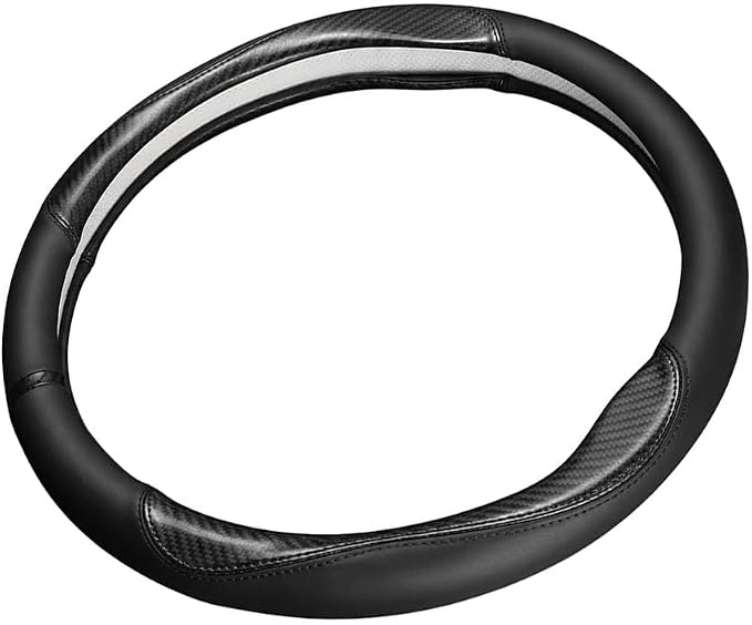 Carbon Fiber Car Steering Wheel Cover, Black Leather 14.5-15 Inch | Fine Microfiber Leather & Sporty Carbon Fiber Pattern Non-Slip Rubber Lining Fits 14.5 to 15 Inch Standard Wheels