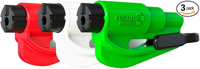 resqme The Original Emergency Keychain Car Escape Tool, 2-in-1 Seatbelt Cutter and Window Breaker, Made in USA, Family Pack of 3 - Red, White, Lime Green -Compact Emergency Hammer