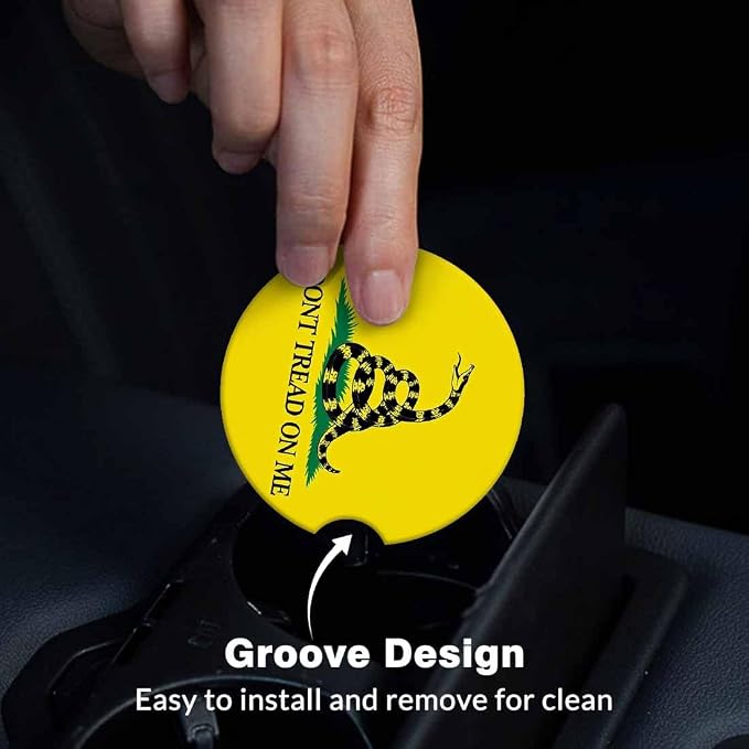 Gadsden Flag Car Coasters for Cup Holders Don't Tread on Me Car Cup Holder Coasters 2 Pack for Car, Anti Slip Ceramic Car Cup Mat with Finger Notch Cute Car Interior Accessories for Women Men