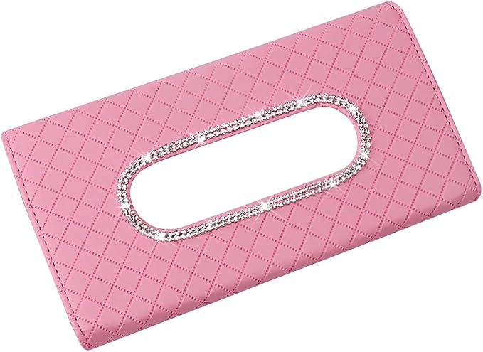 Bling Car Visor Tissue Holder, Crystal Rhinestones Vehicle Sun Visor Hanging Napkin Organizer Case with Ergonomic Take Out Port, Automotive Interior Tissue Dispenser, Universal Fit (Pink)