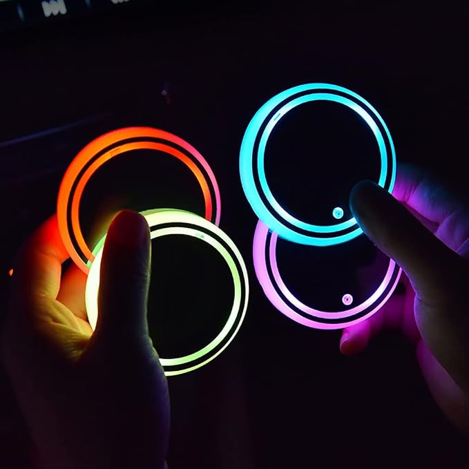 LED Car Cup Holder Lights, 7 Colors Changing USB Charging Coaster Waterproof Cup Pad, LED Interior Atmosphere Lamp Decoration Inside Car Lighting Accessories (2Pcs) (Style 1)