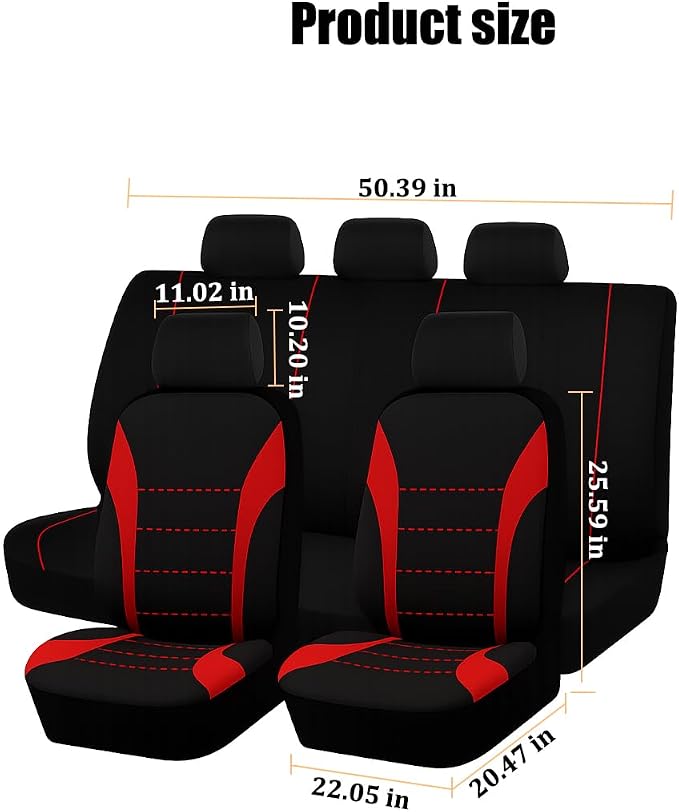 Car Seat Cover Full Set, Fashion Soft Sponge Vehicle Front and Rear Split Bench with Removable Headrest Cover, Breathable Auto Seat Protector, Universal for Truck SUV Sedan (Red/Black)