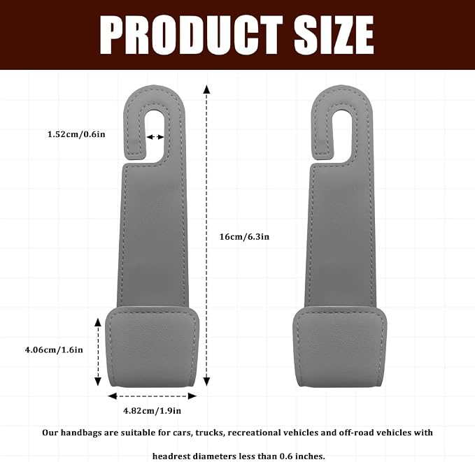2PCS Car Seat Headrest Hooks, Purse Hook for Car, Automotive Headrest Handbags Holder, Auto Accessories Leather Seatback Organizer Hanger for Hanging Purses Bags Coats (Gray, 2PCS)