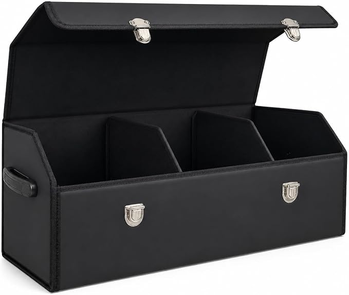Car Trunk Organizer with Lid, Foldable Faux Leather Storage Box | Foldable design, faux leather exterior, 3 compartments