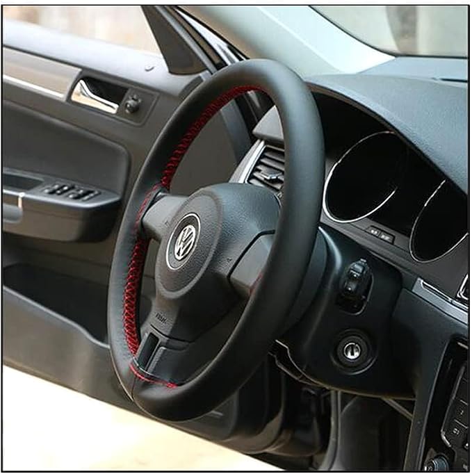 AUTOXBERT 38cm/15 Inch Leather Steering Wheel Cover Stitch On Wrap, Red | Breathable, Anti-Slip Steering Wheel Cover for Nissan Qashqai Toyota Camry RAV4 VW Golf
