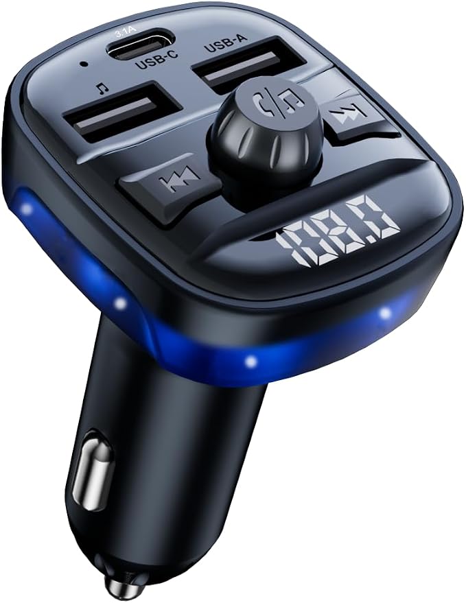 Bluetooth 5.3 Car Adapter Charger, Wireless FM Bluetooth Transmitter | Fast Charge Wireless Radio FM Transmitter with Deep Bass Player, LED Backlit, Hands-Free Calling,Support MP3 Player USB Drive