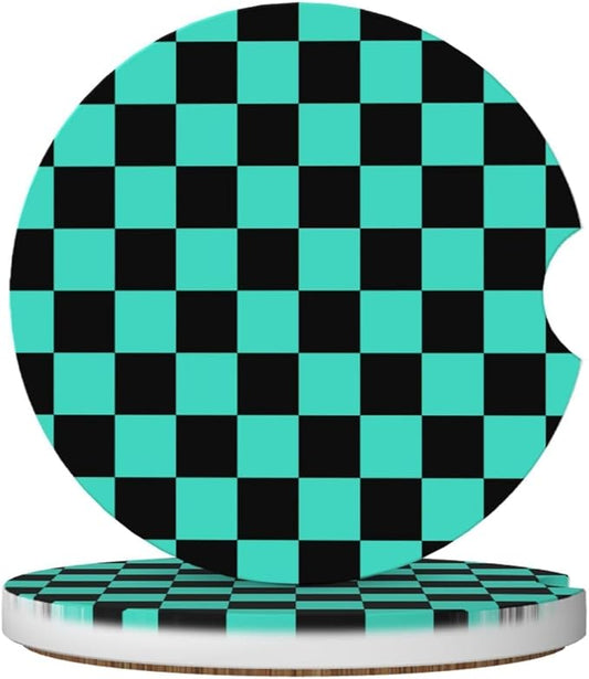 Green and Black Checkered Car Coasters for Cup Holders,2 Pack Car Cup Holder Coasters for Car,Ceramic Absorbent Car Coaster with A Finger Notch and Cork Base,Car Interior Accessories for Women Men