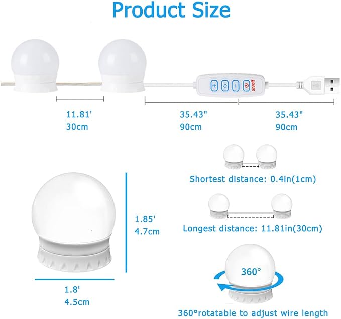 USB Powered Vanity Mirror Lights 10 Dimmable LED Bulbs 3 Color Changing Brightness Adjustable Makeup Lighting Strip for Dressing Bathroom Vanity Mirror