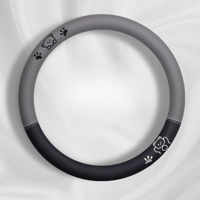 15 Inches Universal Round Leather Car Steering Wheel Cover, Cute Bear Soft Breathable Non-Slip Steering Wheel Protector Wrap (Grey)