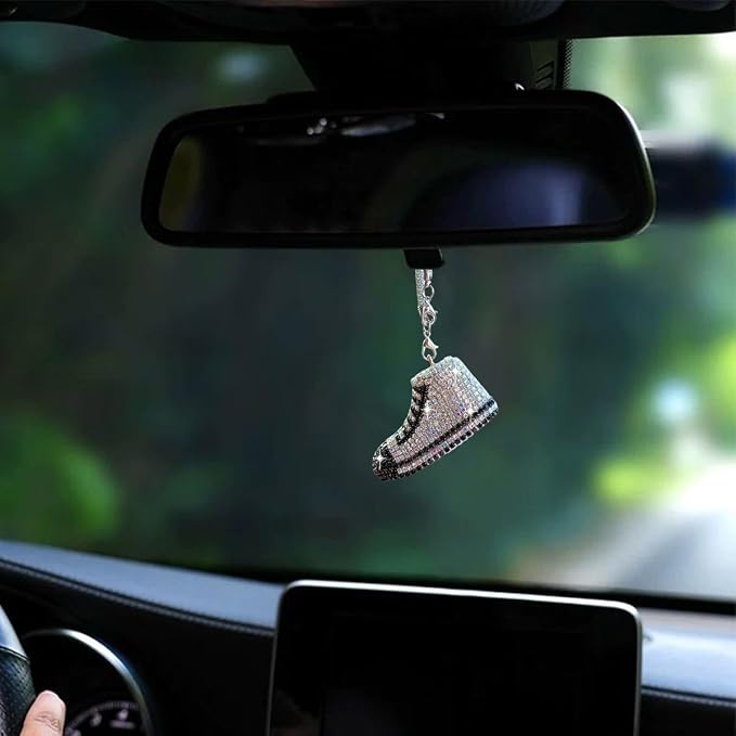 Bling Sneaker Shoe Sparkly Car Hanging Ornament, Cute Crystal Rear View Mirror Pendant, Diamond Rearview Mirror Charms, Lucky Car Interior Decor Accessories (White)