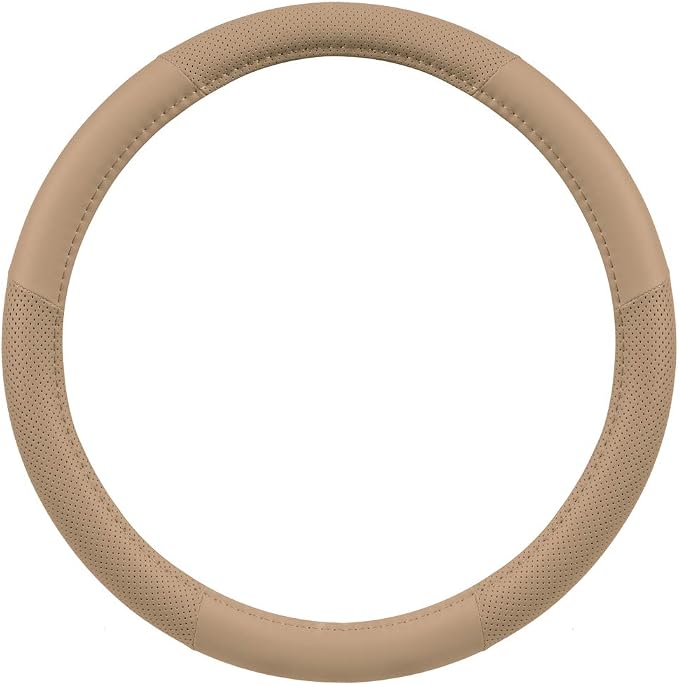 Motor Trend Perforated Microfiber Leather Steering Wheel Cover for Cars Trucks SUVs Vans, Sporty Racing Improved Grip Anti-Fatigue Ergonomic Design, Airbag Compatible - Fits Standard 15" Inch - Beige