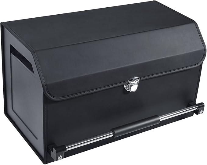 Trunk Organizer for Car with Lid Leather Trunk Organizer Car Organizer | SUV Trunk Organizer with Push-pull Handle Car Trunk Storage Organizer for Minivan, Truck, Sedan (Black, 20.47x11.42x12.2in)