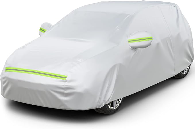 Favoto Car Cover Waterproof All Weather Windproof for Hatchback 157-171’’ | UV Protection, Soft Cotton Lining, Driver Door Zipper, Reflective Strips and Storage Bag Included with Vehicle Fitment Silver