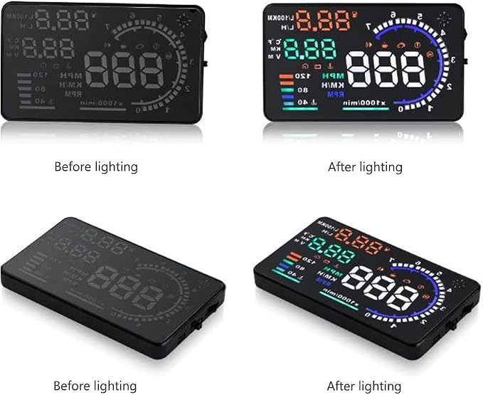 5.5'' HUD Head Display Multi-Color Windshield Screen Projector Vehicle Speed, Vehicle Hud Overspeed Alarm, Display Km/h MPH, OBDII/EUOBD Interface Plug Hud Display Car