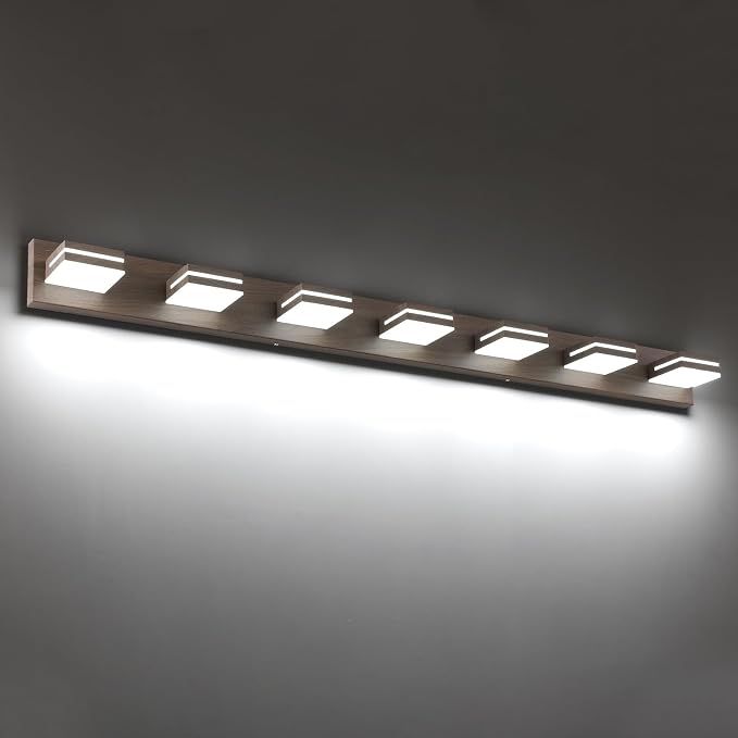 SineRise LED Modern Bathroom Vanity Light Fixtures (7-Light, 55-Inch, Dimmable), Brown Wood Painted Modern Acrylic Bathroom Wall Lighting Fixtures Over Mirror (Cool White 6000K)