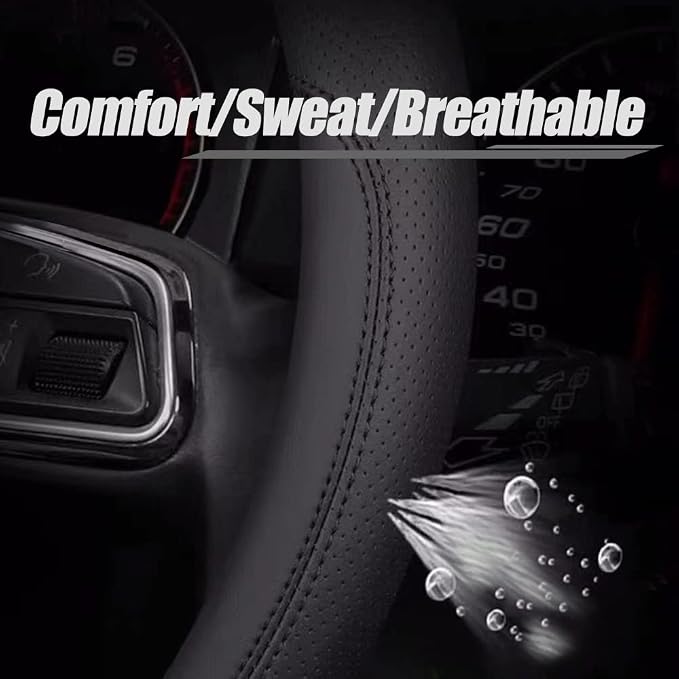 Carodi Latest Nappa Leather car Steering Wheel Cover, Stylish Non-Slip Leather car Interior 15 inches Universal (D-Shape,Black)